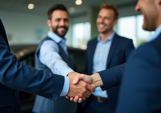Sales representative shaking hands with a happy customer after a car sale at Atlantic Auto World